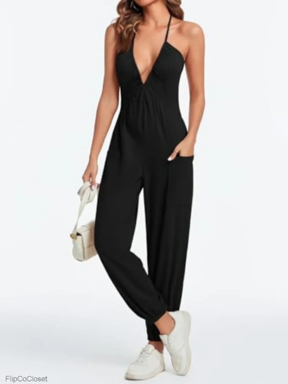 Women's Sexy Halter Jumpsuit Deep V Neck Casual Summer Romper Sleeveless